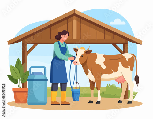 A woman in an apron prepares to milk a brown and white cow standing in a barn, with a milk can and bucket nearby.
