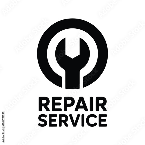 Black and white repair service icon with wrench and text