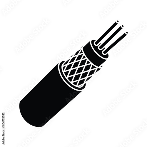 Black electrical cable with exposed wires and protective braiding