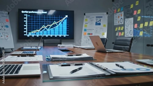 Meeting Room Setup with Laptop Computers and Financial Charts