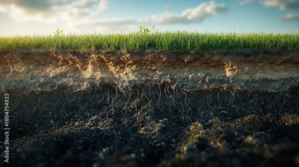 Naklejka premium Soil profile grass, soil layers and roots under a sunny sky