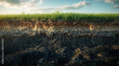 Soil profile grass, soil layers and roots under a sunny sky