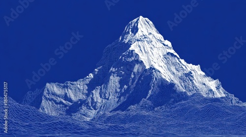a solid blue background, with a white, blueprint of a mountain. the background must be solid blue.
