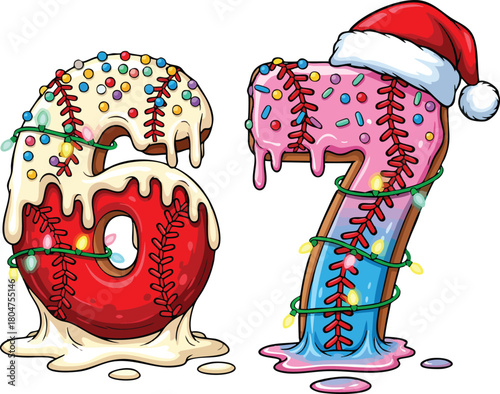 Festive Baseball Number 67 Illustration Christmas Dripping Icing Meme Design with Santa Hat