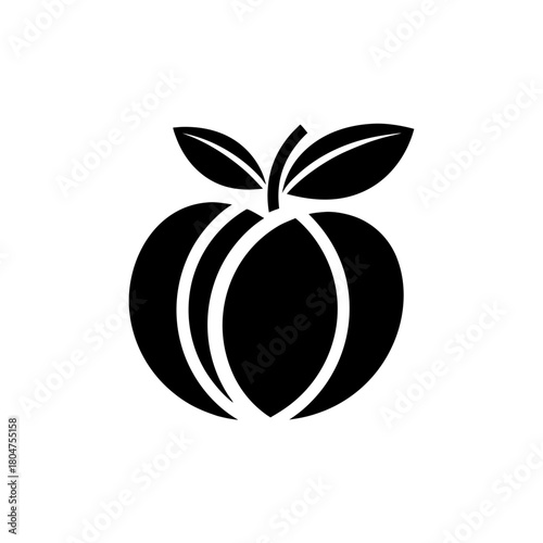 Silhouette of a peach with two leaves on a white background on transparent background
