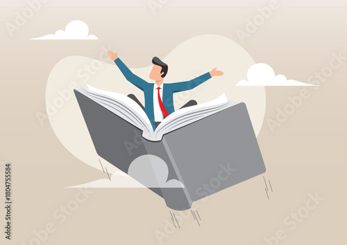 Businessman Riding on an Open Book – Power of Knowledge and Learning Concept