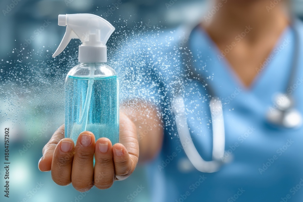 Naklejka premium Nurse in blue scrubs holds a spray bottle of hand sanitizer outdoors