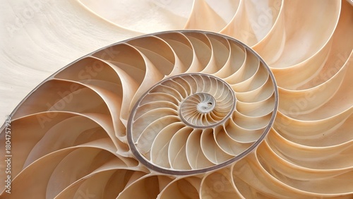 Close up macro view of the intricate spiral chambers and logarithmic growth pattern of a nautilus shell cross section