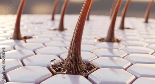 Close-up of Brown Liquid Flowing Through Hexagonal White Tiles with Droplets on Surface