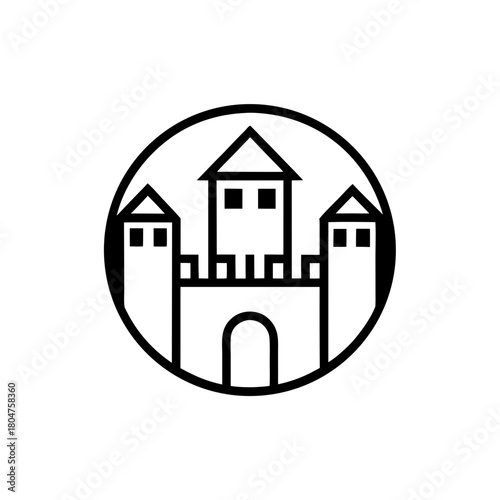 Illustration of a castle within a circular border on transparent background