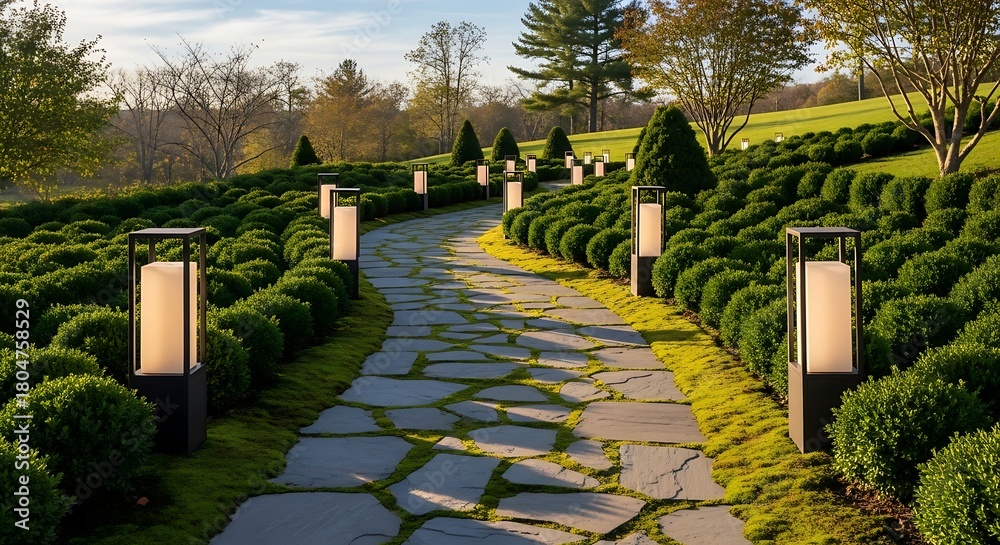 Fototapeta premium Winding stone path with modern illuminated garden lamps and shrubs