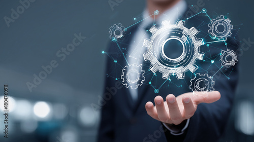 Conceito corporativo com engrenagens digitais flutuando sobre a mão, simbolizando automação, inovação, eficiência, tecnologia e processos inteligentes no ambiente empresarial moderno