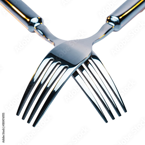 Two Silver Metal Forks Intersected In A Cross Shape With Reflective Highlights On A Black Background Studio Lighting With Detailed Tines And Smooth Handles