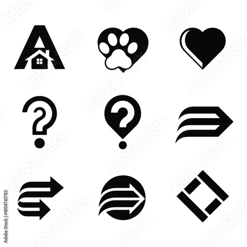 Collection of nine black graphic icons including house within A paw print heart question mark arrows and square