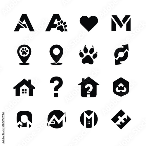 Collection of black graphic icons including letters paw prints houses and question marks white symbol