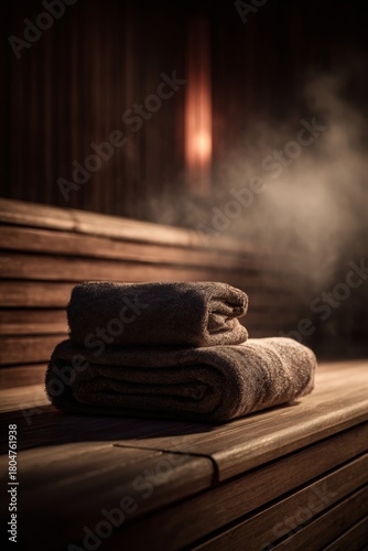 Relaxing sauna interior with wooden benches, folded towels and warm steam creating a calm wellness atmosphere for spa, relaxation, health and self care concepts
