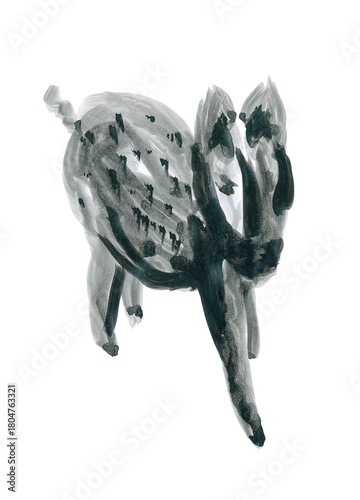 Animalistic portrait. Abstract art in gray tones. Mystic symbolism. Hand drawn ink illustration. Slow life vibe. Cute plump spotted little pig. Pet in life. Creative tattoo with homy. Isolated image.