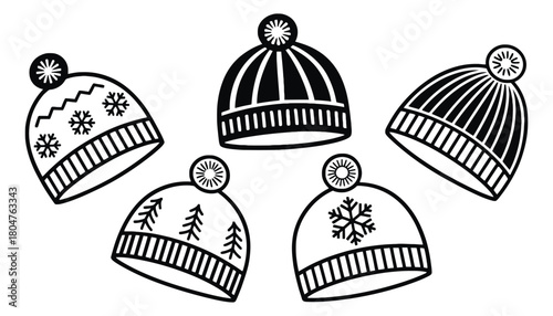 Winter hats vector illustration collection black and white