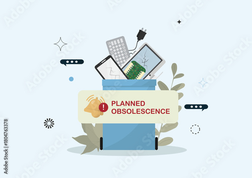 Digital Device E-Waste with Planned Obsolescence Warning. Short device lifespans and modern e-waste issues. Planned obsolescence concept. Flat design. Corporate business. Vector illustration