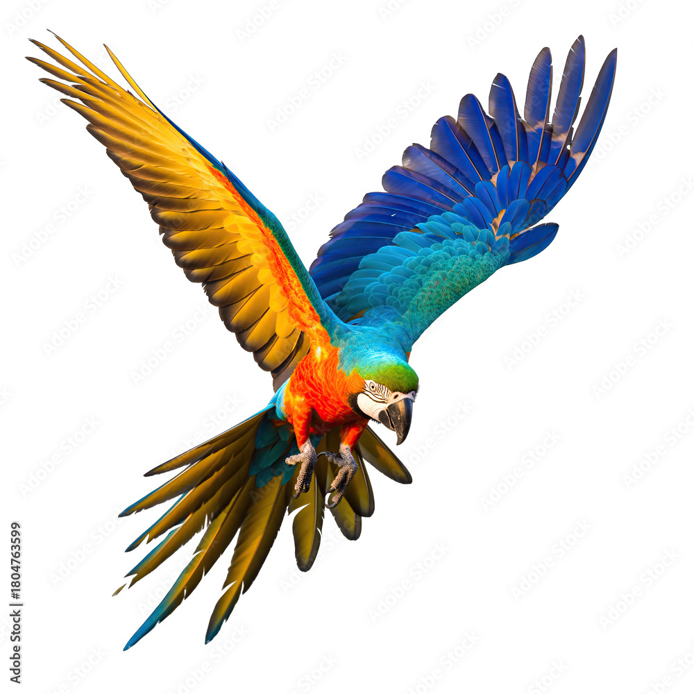 Fototapeta premium Vibrant Blue and Yellow Macaw Parrot in Mid-Flight with Spread Wings Against a Black Background Showing Detailed Feathers