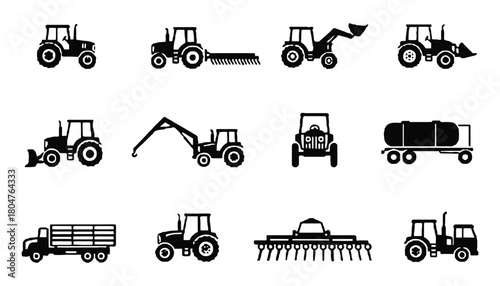 Vector illustration of various types of agricultural tractors