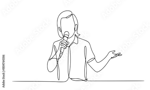 Line Drawing of Speaker Holding a Microphone and Giving a Speech, Public Speaking, Presentation or Conference Event Concept, Minimalist One Line Sketch, Isolated Vector
