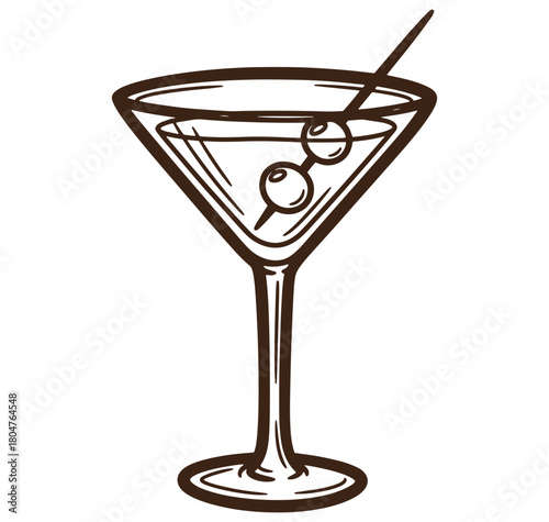 Simple hand drawn martini cocktail with olives in a classic martini glass