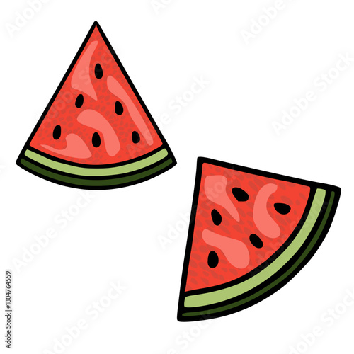 Two triangular watermelon slices, one slightly rotated, rendered as a clean vector illustration with bold black outlines and vibrant coral-red flesh speckled with black seeds, against a pure white...