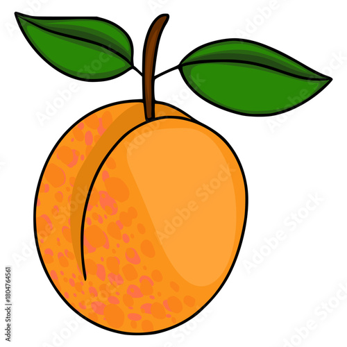 A stylized vector illustration of a ripe apricot with two green leaves, featuring a textured surface with subtle pinkish-orange spots and a smooth gradient on the main body, set against a clean whi...