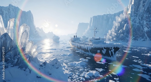 Icebreaker ship navigating through frozen arctic crystal landscape