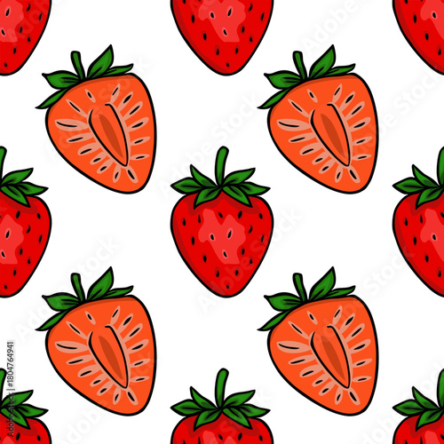 Seamless repeating vector pattern of vibrant red strawberries, both whole and sliced, with green leaves, set against a clean white background, evoking a fresh and fruity aesthetic.