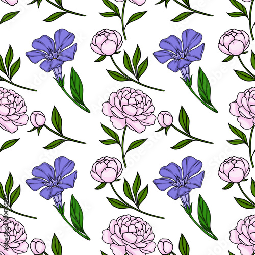 Seamless vector pattern of delicate pink peonies and vibrant blue periwinkles with green leaves on a white background.