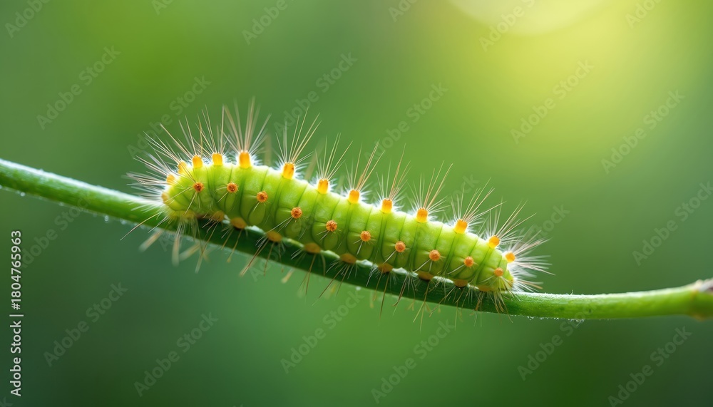 Naklejka premium Green hairy slowly crawls on slender green plant stem. Small larva displays bright yellow spots, orange dots. Insect moves through natural outdoor garden environment. Macro photo captures vivid