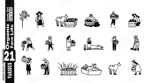 Organic farm life icons set vector illustration easy to edit