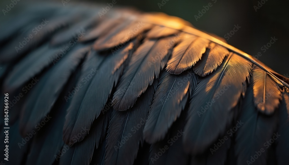 Fototapeta premium Close up macro view of dark grey bird feathers with warm golden hour light illuminating the barbs. Detailed pattern of avian plumage showcases intricate natural structure and soft texture.