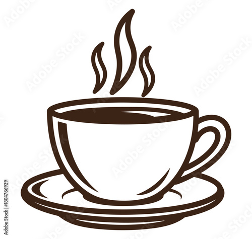 Simple vector illustration of a steaming cup of coffee on a saucer in a minimalist style