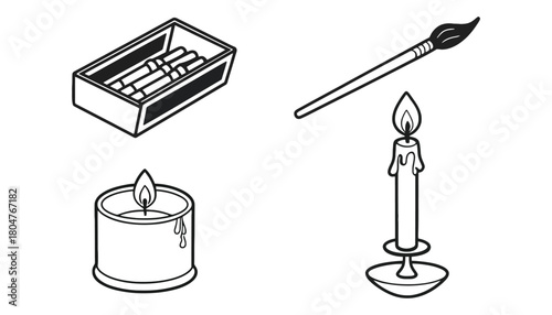 Candle art supplies drawing black and white vector illustration