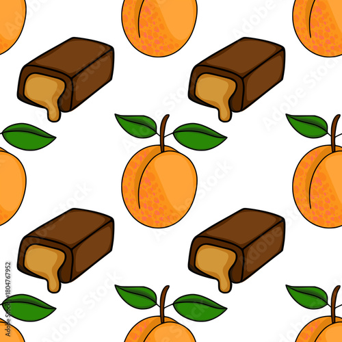 Seamless vector pattern of ripe apricots and chocolate candies with flowing filling.