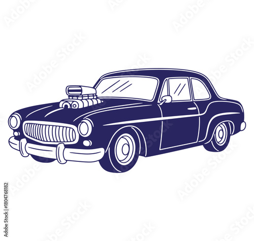 Vintage classic car with supercharger stylized illustration perfect for retro designs