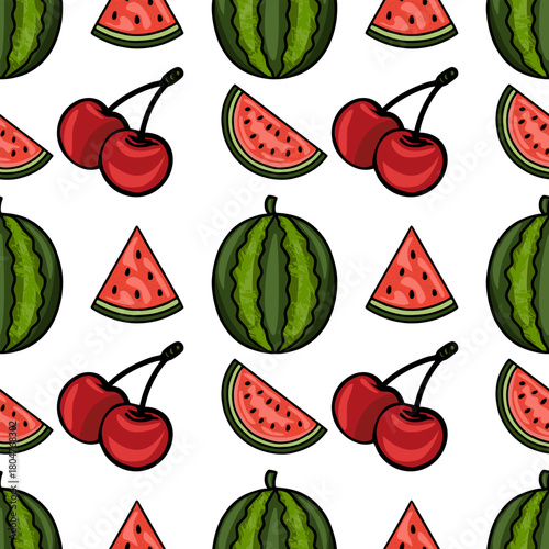 A vibrant, seamless vector pattern featuring a playful arrangement of whole watermelons, watermelon slices, and ripe cherries on a clean white background, evoking a sense of summer freshness and sw...