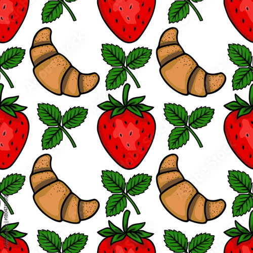 Seamless vector pattern featuring stylized red strawberries and golden croissants with green leaves on a white background.