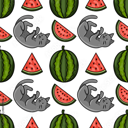 Seamless vector pattern featuring playful gray kittens and juicy watermelon slices in a vibrant, summery design.