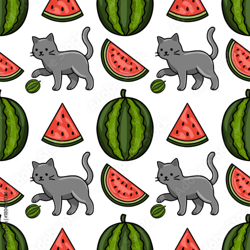 Whimsical seamless vector pattern featuring playful grey cats interacting with juicy watermelon slices and whole fruits, set against a clean white background, evoking a cheerful and summery mood.