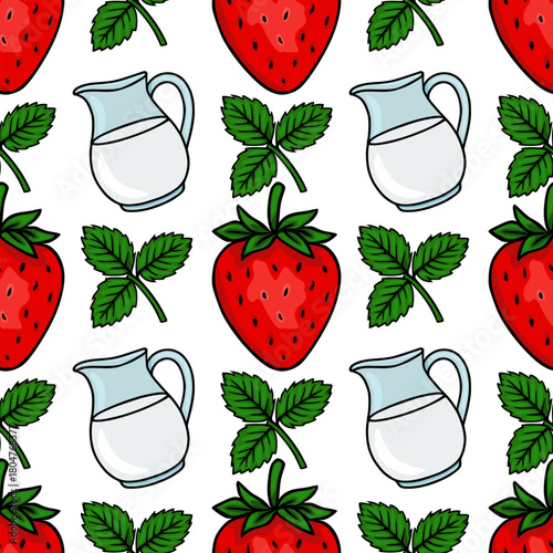 Seamless vector pattern featuring bright red strawberries with green leaves and pitchers of milk on a white background, evoking a fresh and cheerful summer theme.