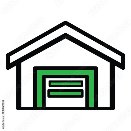 Minimalist Garage Icon Illustration with Bold Outlines and Green Accents Depicting Storage and Security for Vehicles and Personal Belongings in Simple Design