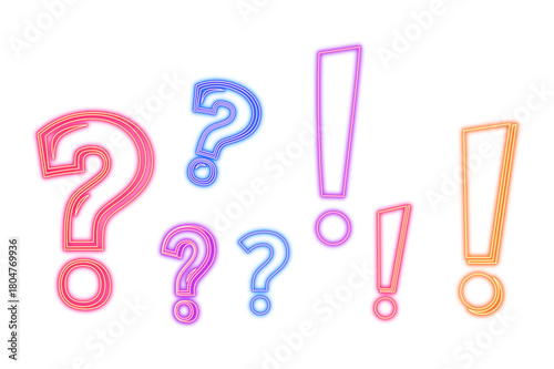 Neon effect neon question marks and exclamation points in various colors isolated on transparent background