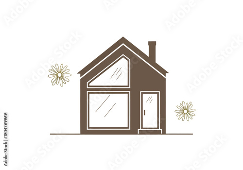 A brown house silhouette with large windows a door a chimney and two simple flowers
