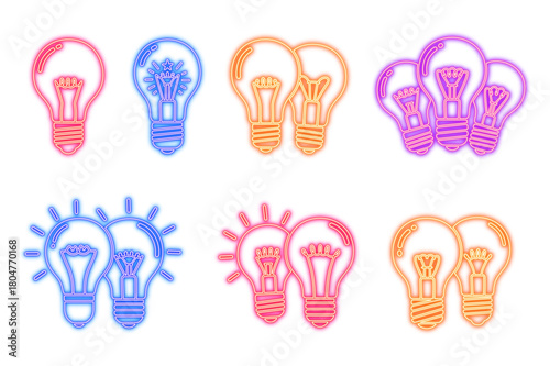 Neon effect set of colorful light bulb icons with different designs and arrangements, isolated on transparent background