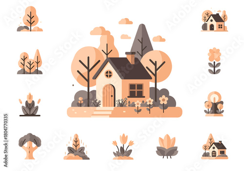 Flat illustration set featuring a house among stylized trees and various plant icons