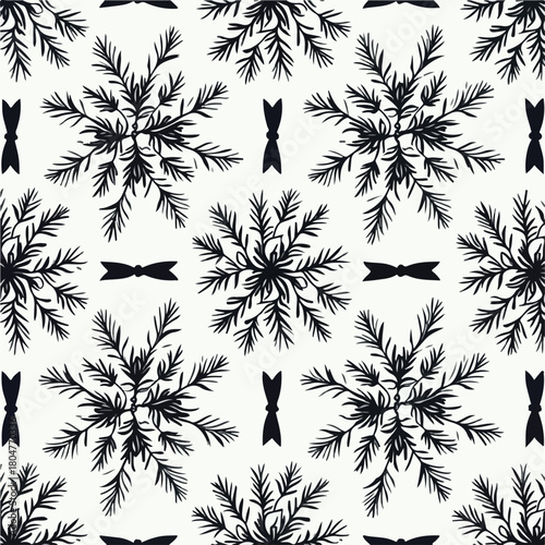 Monochrome Christmas Seamless Pattern with Hand-Drawn Pine Branches and Bows